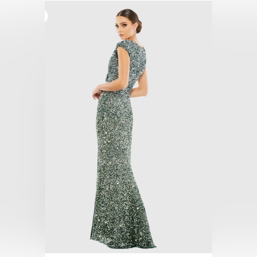 NWT MAC DUGGAL Forest Green Cap Sleeve Sequined High Slit Gown - 4 - Picture 3 of 8